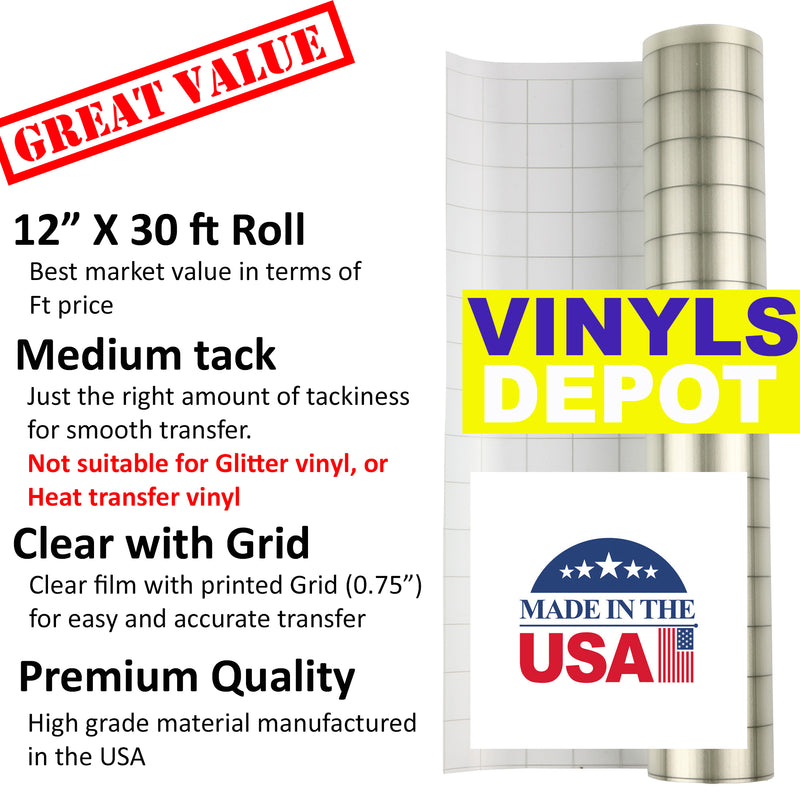 12 x 50 Roll of Paper Transfer Tape for Vinyl, Made in America,  Premium-Grade Transfer Paper for Vinyl with Layflat Adhesive for Cricut  Vinyl Crafts, Decals, and Letters